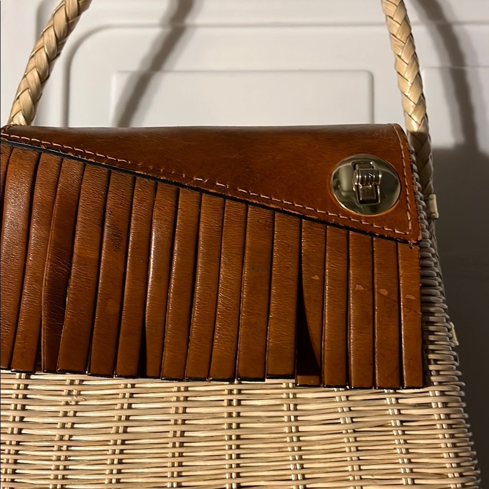 Vintage Brown Leather and coated Wicker Women's shoulder Bag Hong Kong - Picture 5 of 15